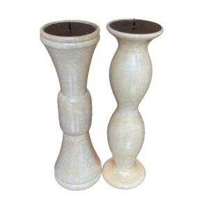 Pair of Solid Wood Candle Holders, Cream